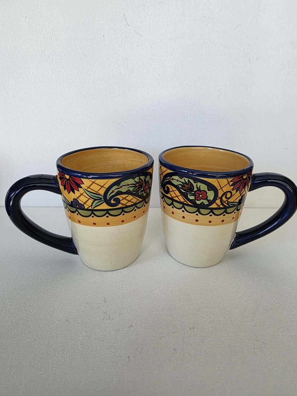 Corsica Handcrafted Floral Yellow & Navy Ceramic Mugs - Set of 2